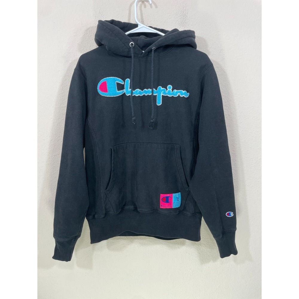 Champion Hoodie Mens Small Black Reverse Weave Spell Out Logo #19 Pink Blue